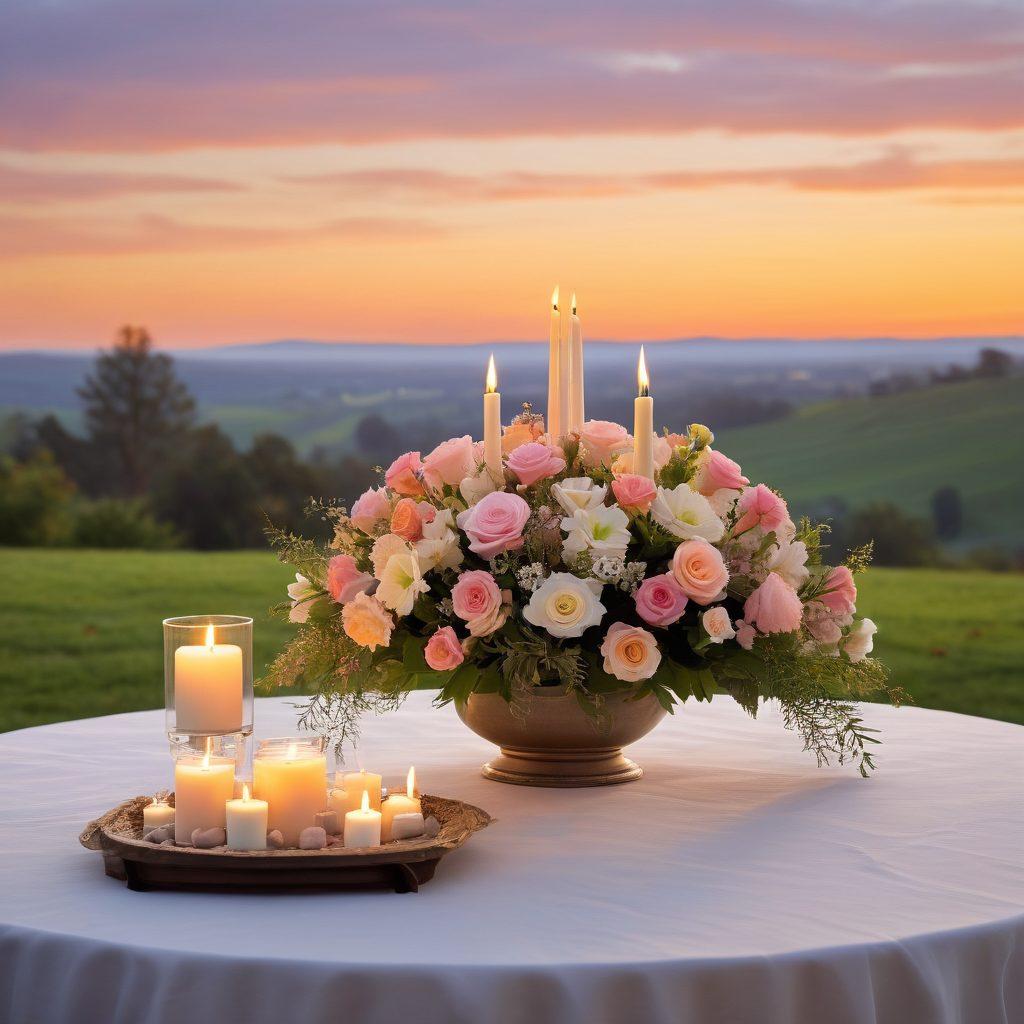 A serene and peaceful funeral scene, showcasing a gentle sunset background with a beautifully arranged bouquet of flowers and candles on a simple yet elegant memorial table. The image conveys a sense of compassion and care while highlighting affordability with subtle elements like a modest price tag attached to the flowers. Soft, comforting colors with a focus on light and shadow to evoke a calming atmosphere. super-realistic. soothing colors. soft focus.