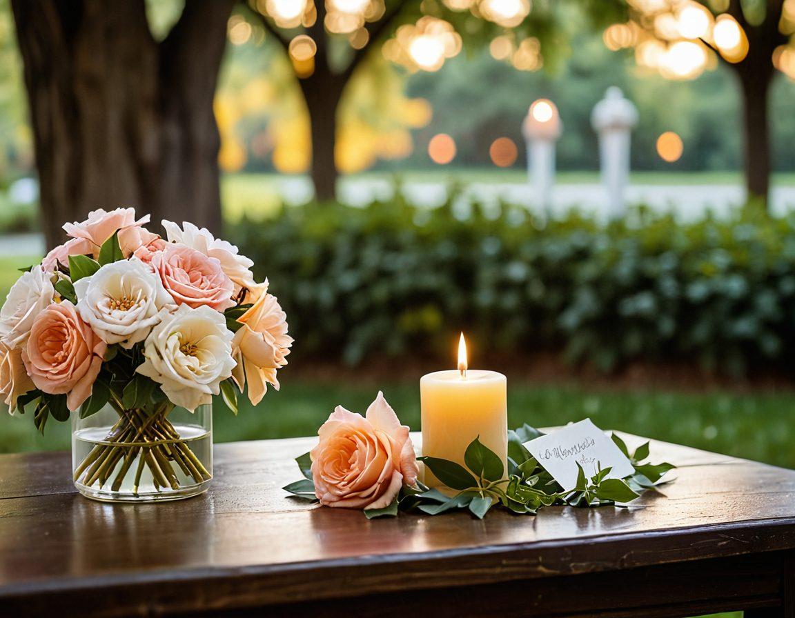 A serene scene depicting a gentle flower arrangement beside a soft candlelight, symbolizing comfort in grief. A hand gently holds a thoughtful note among the flowers, while a blurred background shows a peaceful park with trees swaying in the breeze. Subtle light filters through, creating a warm and respectful atmosphere that invites reflection. soft focus. warm colors. peaceful ambiance.