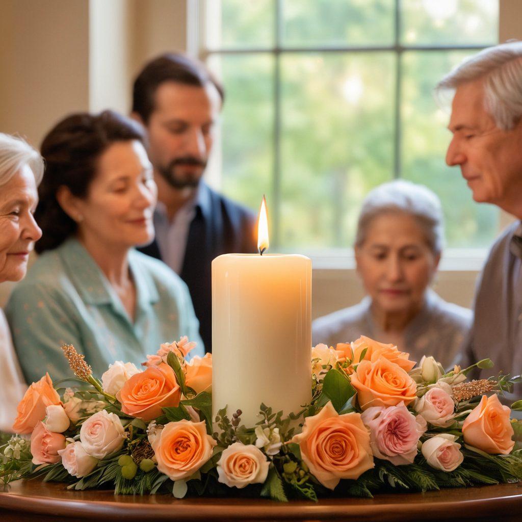A serene scene depicting a compassionate family gathered around a gently glowing candle that symbolizes remembrance, with soft floral arrangements in the background. Subtle hints of diverse ethnic symbols representing different cultural funeral practices. A comforting atmosphere, highlighting the importance of affordable options and compassionate choices in end-of-life decisions. A soft, blurred bokeh effect enhances the mood. watercolor painting. warm colors.
